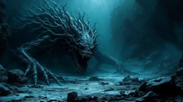 Creepy underwater world. Horror fantasy genre. Spooky movie for Halloween.