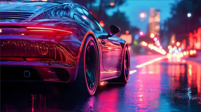 An elegant sports car driving under the bright neon lights of the asphalt in shades of blue and pink, reflected on its glossy surface.
