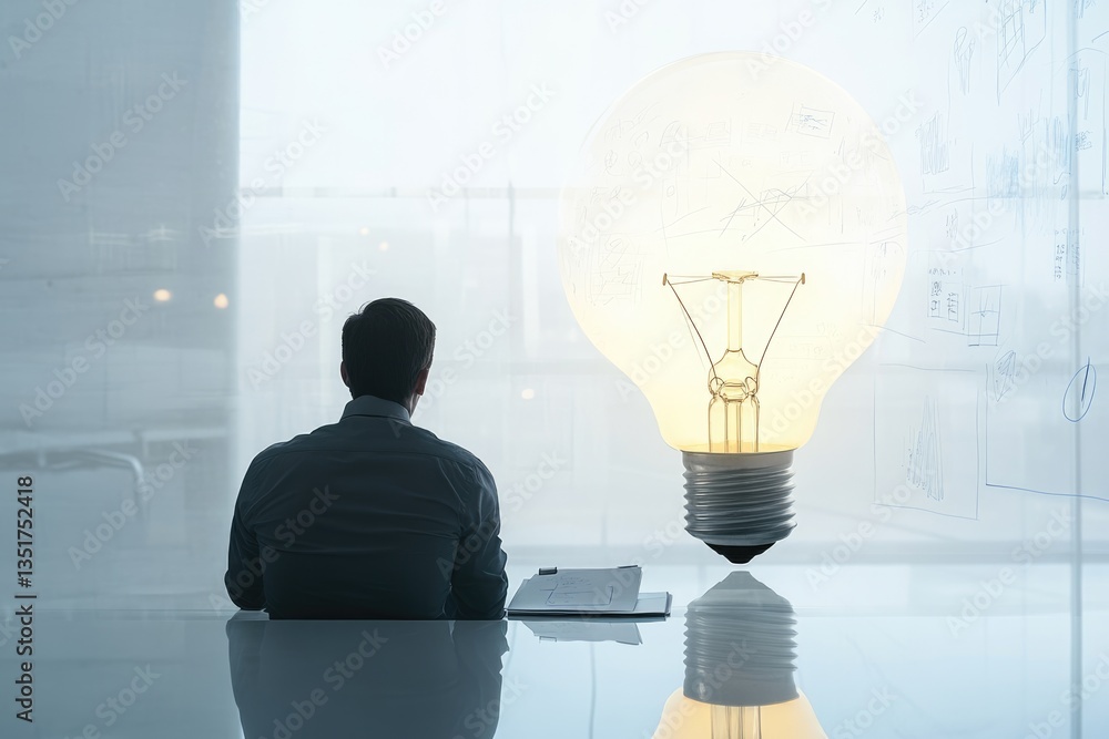 Poster a businessman contemplates a large illuminated lightbulb filled with sketches, symbolizing inspirati