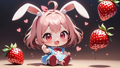 Adorable Pink-Haired Chibi Anime Girl with Bunny Ears and Strawberries