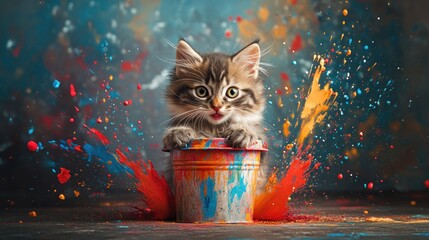 Playful kitten in paint explosion, studio shot