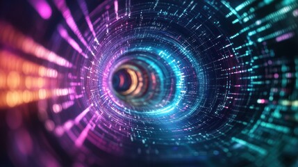 Futuristic digital tunnel swirling data lines