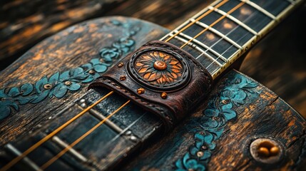 The beautifully detailed rustic decorated acoustic guitars fretboard close up