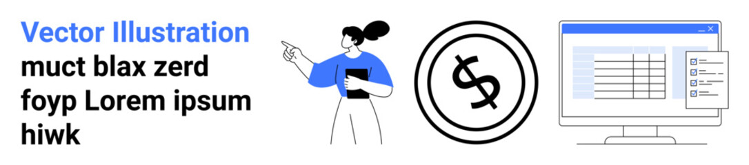 Businesswoman holding a document and pointing, dollar sign in a circle, computer screen showing a spreadsheet. Ideal for finance, analytics, presentations, budgeting, education, teamwork