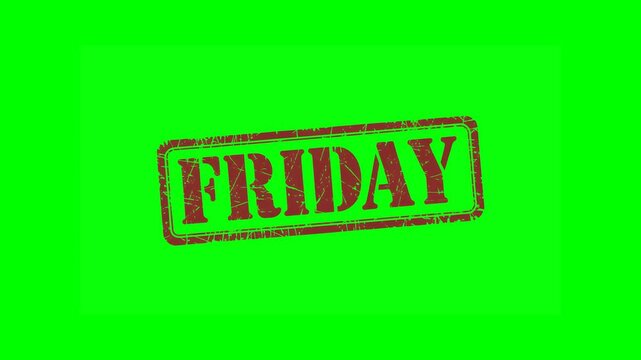 Animated "FRIDAY" rubber stamp seal with bold red text on a green screen background for weekend promotions, end-of-week announcements, and happy hour or event notifications