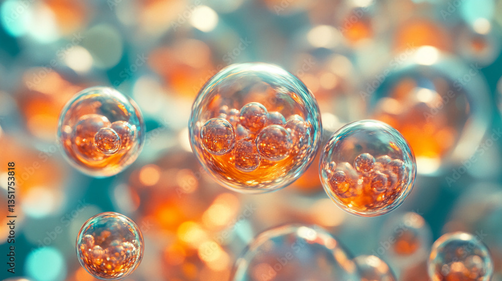 Poster abstract image of transparent spheres containing smaller orange spheres, set against a teal backdrop