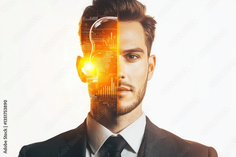 Poster a businessman's face merges with futuristic data, symbolizing digital transformation and technologic