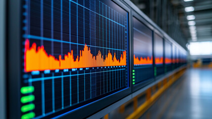 Digital display showing vibrant energy consumption infographic with fluctuating graphs and data visualization in modern facility