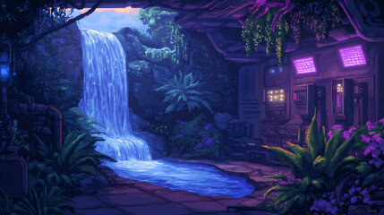 Fototapeta premium Futuristic space colony atrium with alien waterfalls and glowing plants