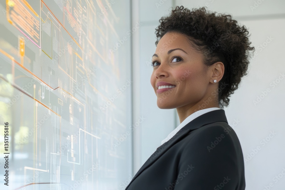 Poster a smiling businesswoman reviews complex data displayed on a large interactive screen, showcasing tec