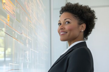 A smiling businesswoman reviews complex data displayed on a large interactive screen, showcasing technological expertise and innovation.