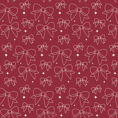 Seamless pattern with hand-drawn bows on a dark red background. Elegant and festive design, perfect for textiles, gift wrapping, wedding decor, holiday prints, and stylish accessories.
