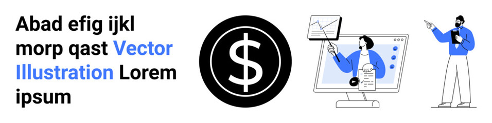 Dollar sign surrounded by professionals analyzing data on monitor, charts, and business tools. Ideal for finance, investment, accounting, business strategy, teamwork, communication simple landing