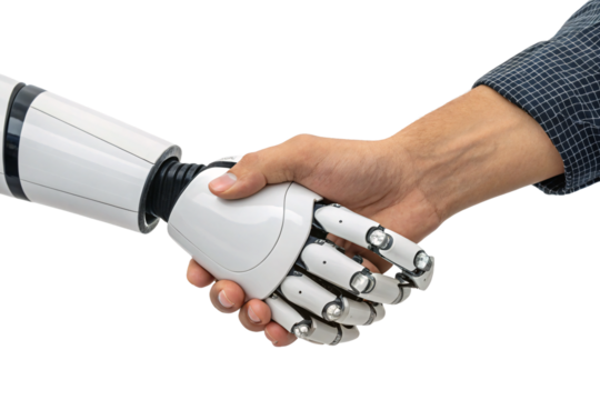 A human hand firmly shakes a robotic one. Symbolizing trust, collaboration, and the evolving relationship between humanity, isolated on a transparent background