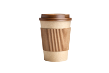 A paper coffee cup with ribbed brown sleeve and closed plastic lid. Minimalist design. The lid fits snugly, ideal for sipping hot coffee on the go, isolated on a transparent background