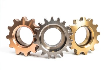 Three metallic gears, different colors, interlocked, represent teamwork and precision engineering.
