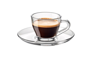 A rich dark espresso with golden crema sits in a sleek glass cup on a matching saucer, exuding warmth, aroma, and irresistible morning ritual energy, isolated on a transparent background