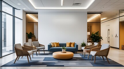 Stylish modern waiting room with comfortable seating and soft lighting