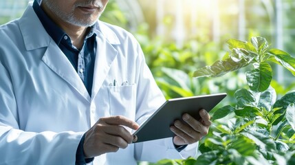 Scientist using tablet in a greenhouse with plants.