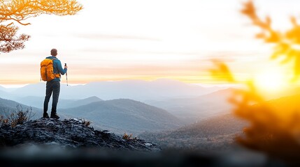 Fototapeta premium Hiker on mountaintop at sunrise, enjoying panoramic view of vast landscape