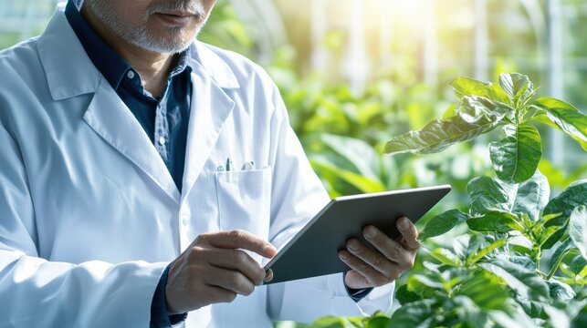 Scientist using tablet in a greenhouse with plants.