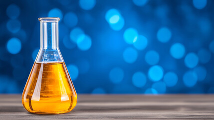 Amber Liquid Flask On Dark Wood Table With Blue Bokeh Background