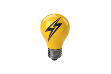 Bright yellow bulb with a black lightning strike at its center. Symbolizes instant inspiration, high voltage thinking, isolated on a transparent background