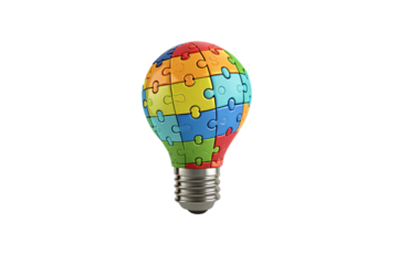 Colorful puzzle pieces form a light bulb. Each section a unique shade—blue, red, green, yellow. Symbolizes creativity, innovation, isolated on a transparent background