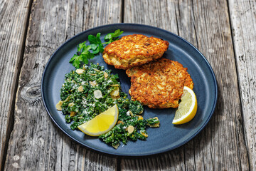chicken patties with kale almond parmesan salad