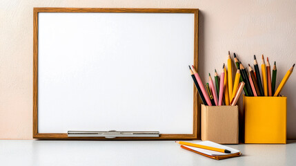 Blank Whiteboard With Colorful Pencils And Pens