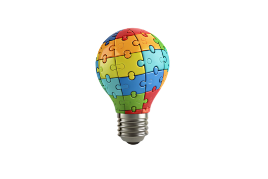 Colorful puzzle pieces form a light bulb. Each section a unique shade—blue, red, green, yellow. Symbolizes creativity, innovation, isolated on a transparent background