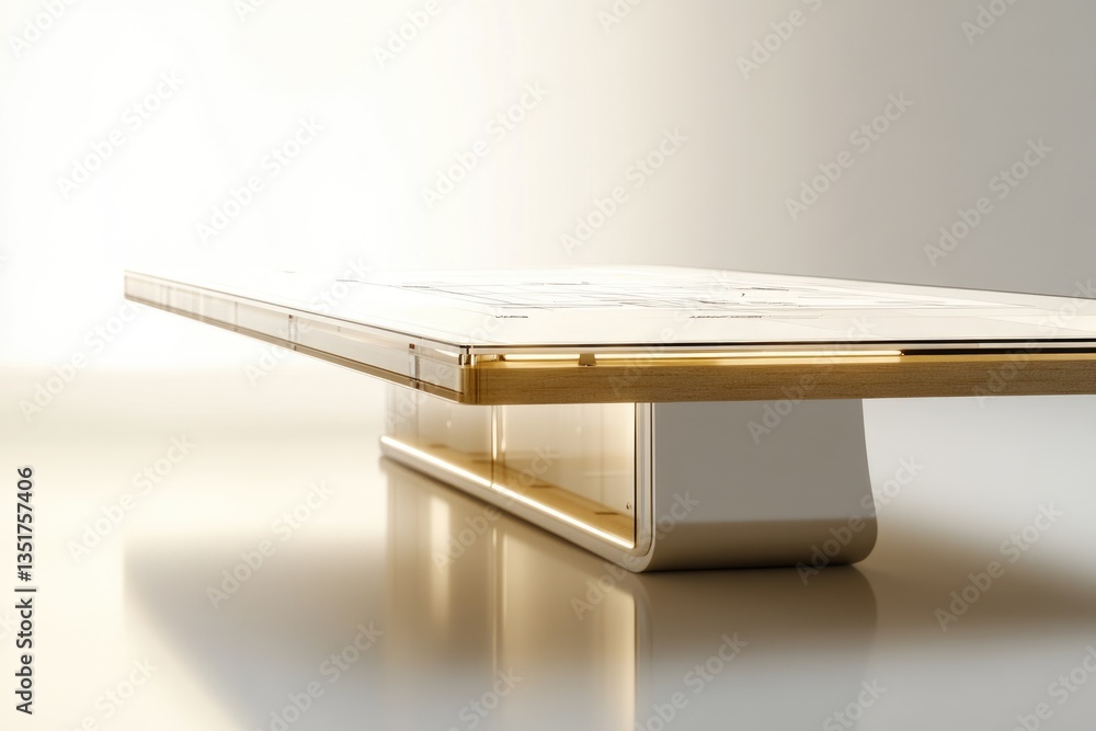 Poster modern minimalist table with a sleek design, featuring a translucent top displaying architectural dr