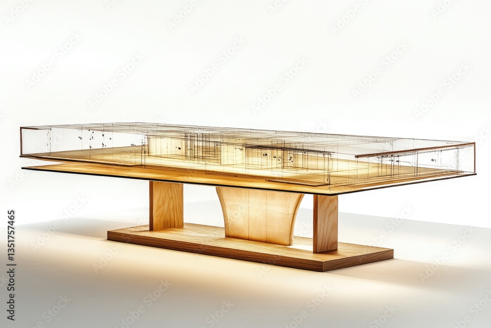 Poster a modern coffee table with a translucent top showcasing an architectural blueprint, illuminated from