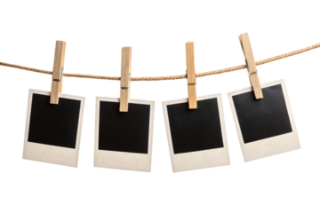 Four vintage-style Polaroid frames clipped to a rope with wooden clothespins. Empty and waiting—symbolizing stories untold, moments uncaptured, isolated on a transparent background