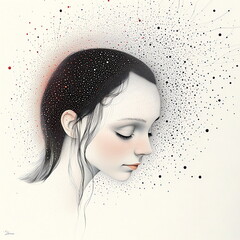 Minimalist profile of a serene girl with dot matrix and cosmic vibe