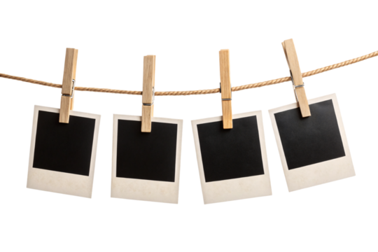 Four vintage-style Polaroid frames clipped to a rope with wooden clothespins. Empty and waiting—symbolizing stories untold, moments uncaptured, isolated on a transparent background