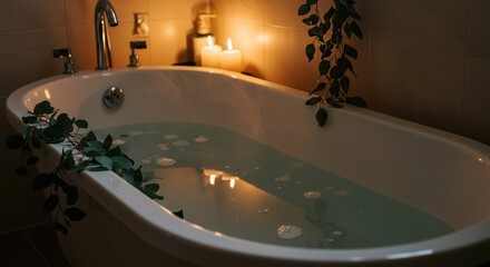 Relaxing Warm Bath with Candlelight and Plant Decoration Creates Serenity