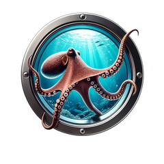 Octopus visible through a submarine porthole in clear blue ocean