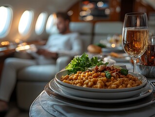 A meal looks luxurious on a private jet dining table, giving a sense of luxury and exclusivity, perfect for promoting a premium lifestyle or advertising a private jet charter service.