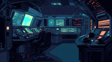 Futuristic space colony control room with holographic displays