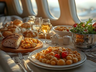 A meal looks luxurious on a private jet dining table, giving a sense of luxury and exclusivity, perfect for promoting a premium lifestyle or advertising a private jet charter service.