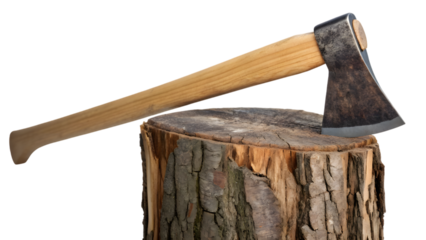 Sharp steel ax handle stuck in old wooden log or stump, isolated work tool for chop firewood