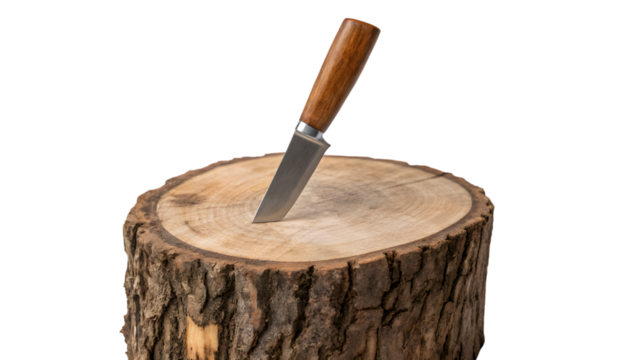 Sharp knife stuck in wood log isolated on white