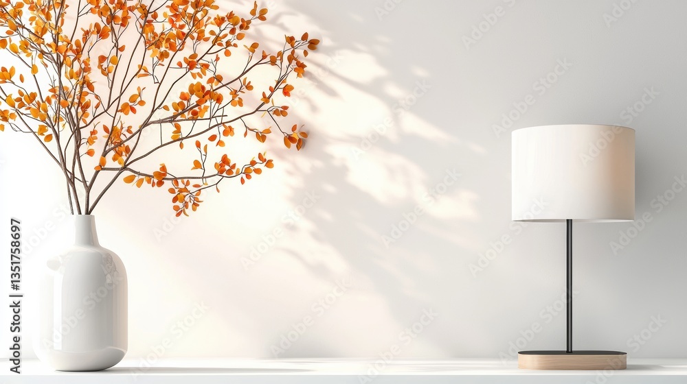 Poster elegant vase with branches and a lamp on a minimalist table.