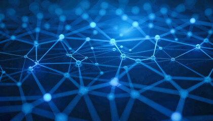 Obraz premium A glowing blue network of interconnected nodes and lines creates a futuristic digital abstract background. Graphical resource for design and downstream advertisement purposes
