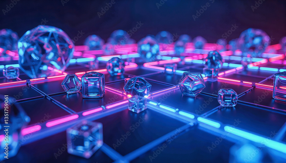 Poster glowing neon lines and crystalline shapes converge in a futuristic grid, creating a vibrant and abst
