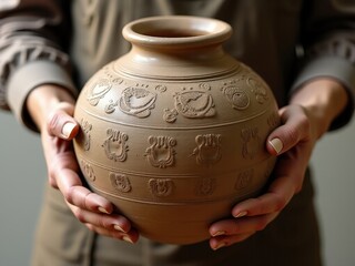 ceramic A woman is holding a brown vase with a design on it. The vase is made of clay and has a unique pattern. The woman's hands are clasped around the vase, and she is admiring it