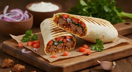 Grilled Doner Kebab Wrap with Juicy Meat, Fresh Vegetables, and Herbs – Rustic Street Food Photography for Menus, and Culinary Projects