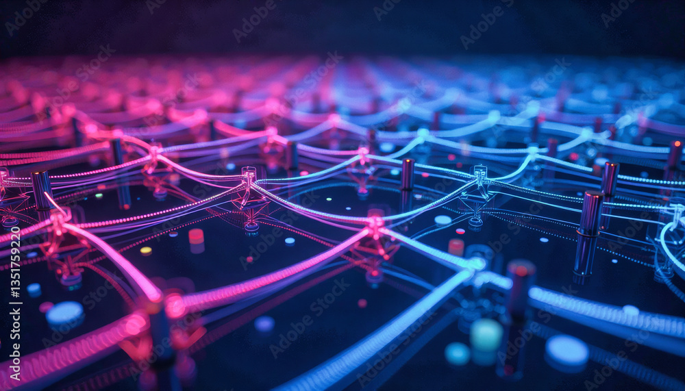 Poster glowing neon lines create a complex, futuristic network against a dark blue background. graphical re