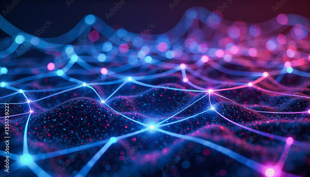 Poster glowing nodes and interconnected lines form a futuristic network, pulsing with vibrant blue and mage